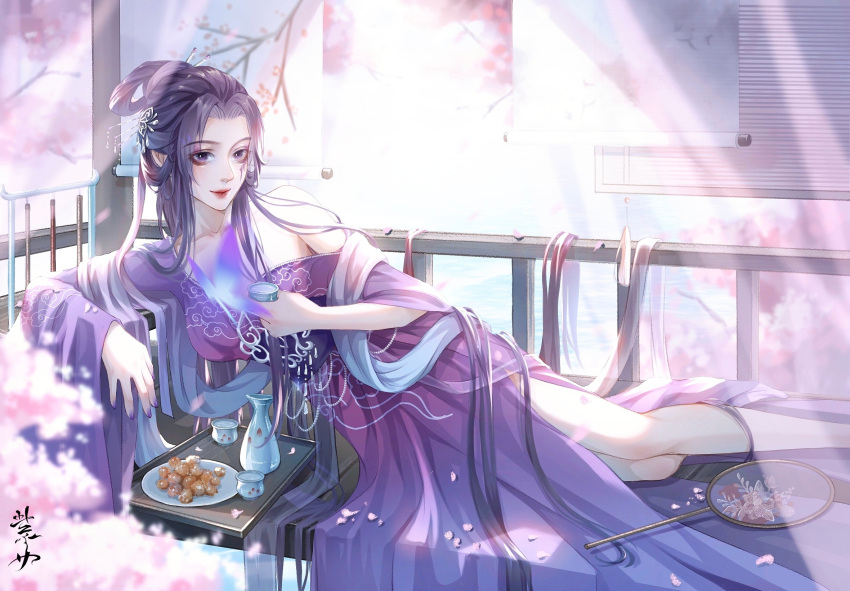 bare_legs bottle cherry_blossoms cup curtains dress female food hair_rings hand_fan highres jimo_qingfeng long_hair lying off-shoulder_dress off_shoulder on_side petals plate purple_dress purple_hair qinshi_mingyue railing second-party_source smile sweets zi_nu_(qinshi_mingyue)