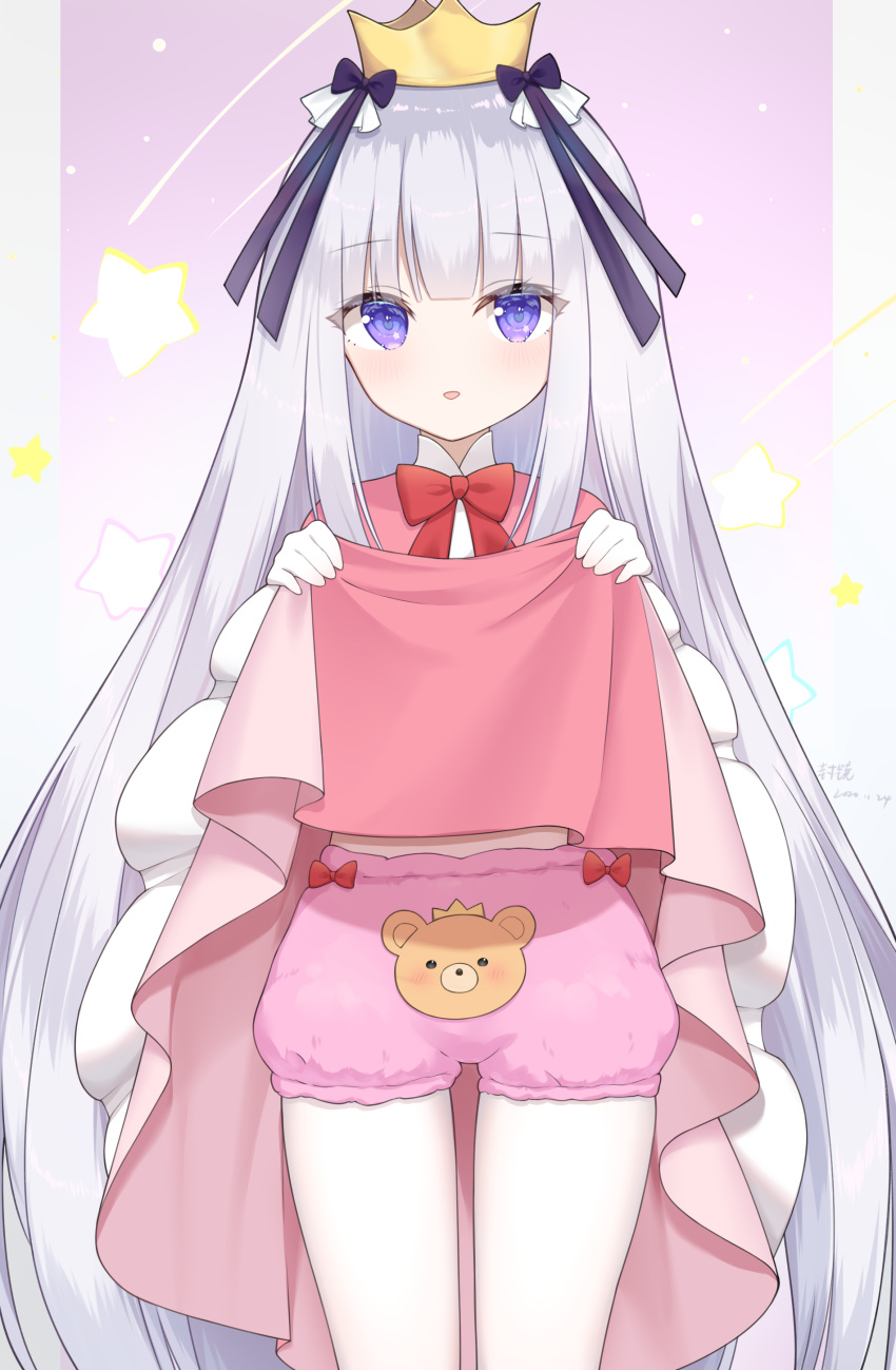 absurdres animal_print aurora_sya_lis_kaymin bear_print black_bow bow chinese_commentary clothes_lift commentary_request crown dress dress_lift female hairbow highres kagami_(kgmgts) lifting_own_clothes long_hair looking_at_viewer maou-jou_de_oyasumi mini_crown parted_lips partial_commentary pink_dress purple_eyes red_bow smile solo standing star_(symbol) star_in_eye symbol_in_eye teddy_demon underwear very_long_hair white_hair