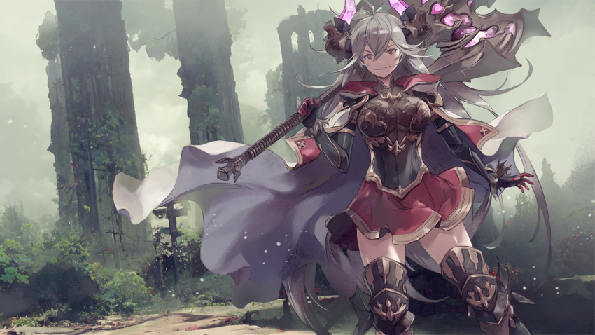 akira_(coffee_curry) axe battle_axe black_gloves breasts cape draph elbow_gloves female gauntlets gloves granblue_fantasy grey_hair highres horns large_breasts long_hair looking_at_viewer outdoors pointy_ears red_eyes smile solo standing thighhighs thighs threo_(granblue_fantasy) weapon white_cape zettai_ryouiki