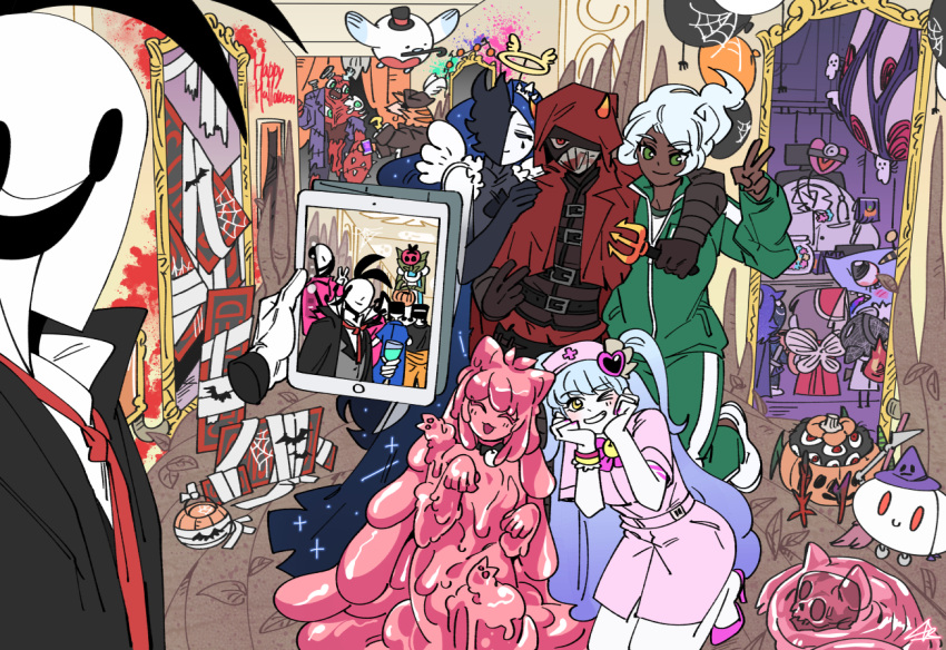 1boy 6+girls 6+others ;d all-around_helper angel angel_wings animal_ears arm_around_neck bandages bell belt belt_buckle bird black_belt black_choker black_headwear black_shirt black_suit blue_cape blue_dress blue_hair broom buckle bug candy_jar cane cape cat_ears censored_(project_moon) child_of_the_galaxy choker closed_eyes coat commentary_request constellation_print cosplay cup curtains dark-skinned_female dark_skin demon_horns doctor dress drinking_glass fairy_wings fake_halo fake_horns fake_wings fingernails fire force_(4sk_force) fragment_of_the_universe frankenstein's_monster frankenstein's_monster_(cosplay) gameplay_mechanics green_eyes green_track_suit grey_coat grey_headwear grin group_picture halloween_bucket halo hands_on_own_cheeks hands_on_own_face happy_halloween hat high_heels holding holding_cup holding_tablet_pc holding_trident hood hood_up hooded_cape hook_hand horns indoors jack-o'-lantern jingle_bell king_of_greed knight_of_despair korean_commentary laetitia_(project_moon) little_red_riding_hooded_mercenary lobotomy_corporation melting_love meme monster_girl mouth_hold multiple_girls multiple_others nail_polish neck_bell nothing_there nurse nurse_cap object_through_head one_eye_closed open_clothes open_coat open_mouth opened_can_of_wellcheers pants paw_pose pink_footwear pink_nails pink_shirt pink_skirt pirate_costume pirate_hat project_moon punishing_bird purple_coat purple_headwear queen_of_hatred red_cape red_dress red_eyes red_headwear scorched_girl screw_in_head selfie_prank_(meme) shark sharp_teeth shirt short_hair skirt slime_girl smile snow_white's_apple spider spider_bud stethoscope suit tablet_pc taking_picture teardrop_facial_mark teeth the_dreaming_current the_silent_orchestra top_hat track_suit twintails v white_dress white_footwear white_hair wine_glass wings witch_hat yellow_eyes yellow_pants