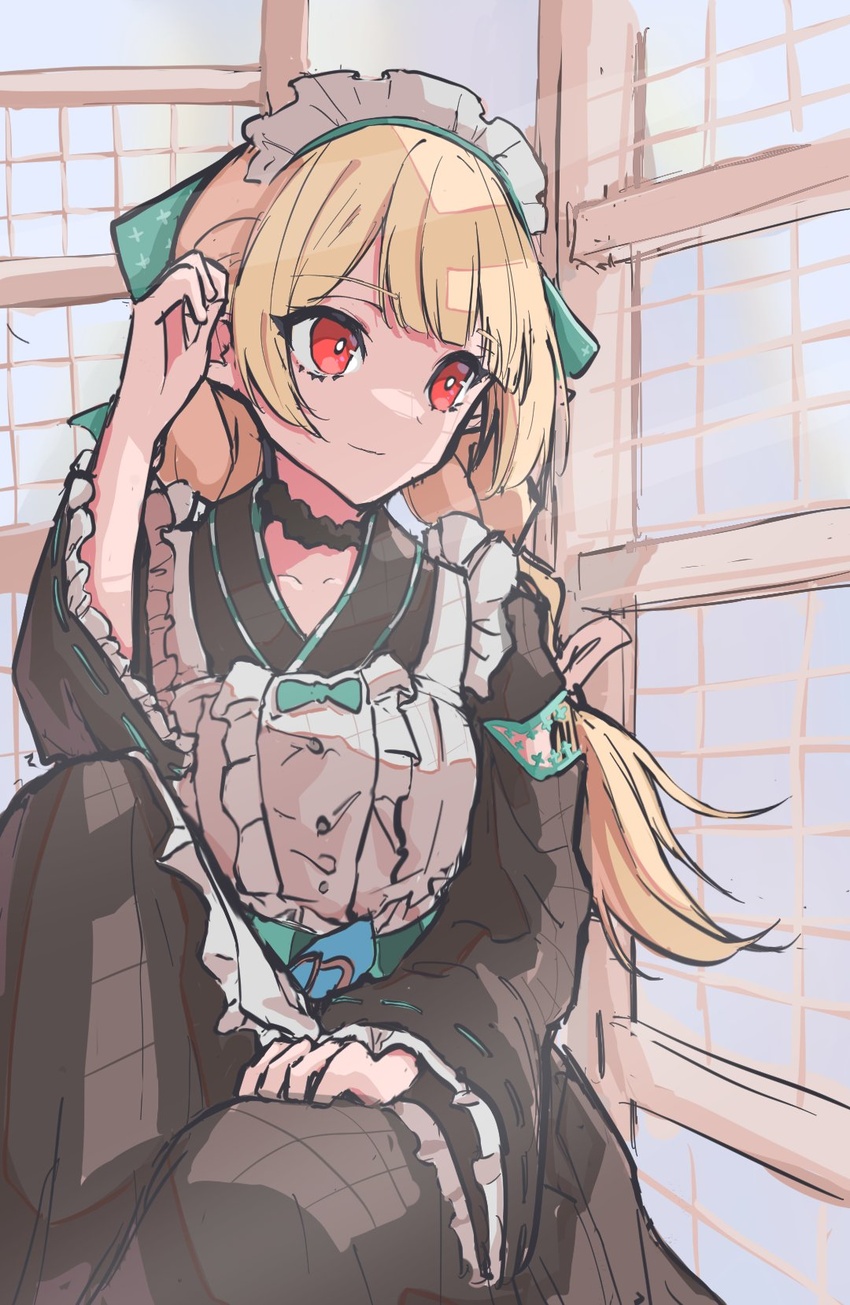 apron black_choker black_kimono blonde_hair bow brown_eyes checkered_sash choker english_commentary female green_bow hair_behind_ear hairbow highres japanese_clothes kimono long_hair looking_to_the_side maid maid_apron maid_headdress mentally_deficient nijisanji nijisanji_en official_alternate_costume pomu_rainpuff pomu_rainpuff_(2nd_costume) solo virtual_youtuber wa_maid window