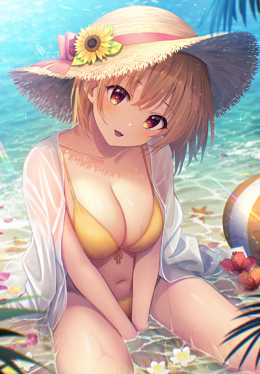 :d ball barefoot beachball between_legs bikini blush breasts brown_hair brown_hat cleavage collarbone comiket_102 commentary_request day female flower flower_on_liquid food front-tie_bikini_top front-tie_top fruit hair_between_eyes hand_between_legs hat hat_flower head_tilt highres large_breasts long_sleeves looking_at_viewer md5_mismatch oerba_yun_fang original outdoors red_eyes red_flower resolution_mismatch see-through shallow_water shirt shirt_on_shoulders sitting smile solo source_smaller starfish strawberry sunflower swimsuit u_rin wariza water wet wet_clothes wet_shirt white_shirt yellow_bikini yellow_flower