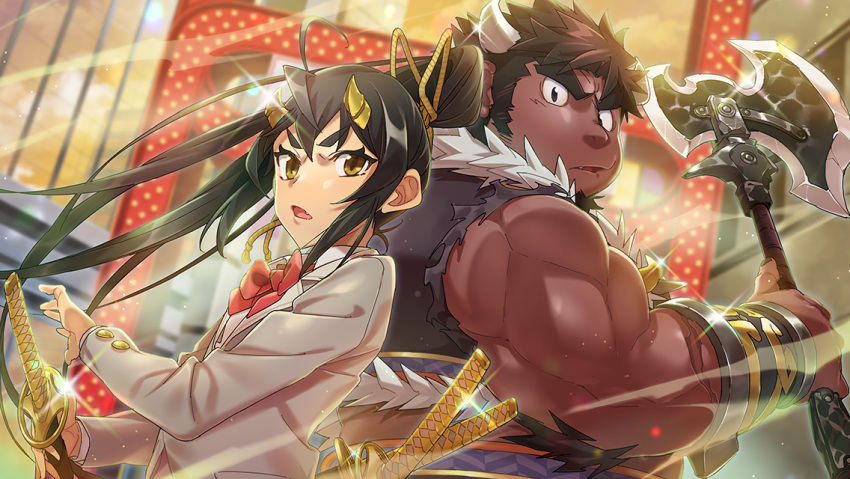 1boy axe bara black_hair body_fur bow cow_boy cow_horns dark-skinned_male dark_skin facial_hair female holding holding_axe holding_sword holding_weapon horns long_hair long_sideburns looking_at_viewer multiple_swords muscular muscular_male official_art oni oni_horns open_mouth purasu_no_konbu school_uniform short_hair sideburns sidelocks sparkle suzuka_(housamo) sword tetsuox_(housamo) thick_eyebrows third-party_source tokyo_afterschool_summoners weapon yellow_eyes