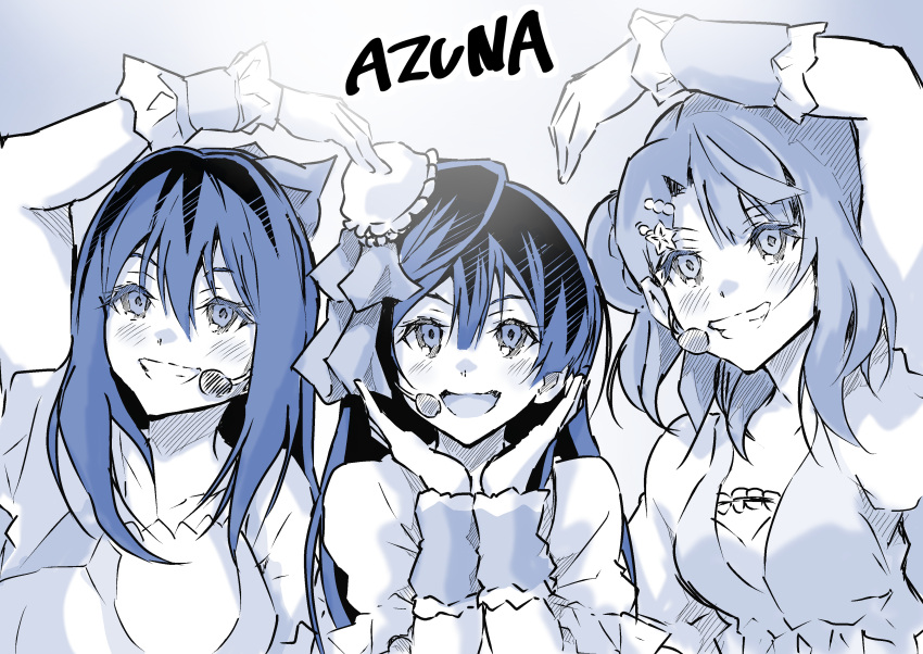 3girls absurdres azuna_(love_live!) blue!_(love_live!) blush breasts collarbone commentary english_text grin group_name hair_bun hair_ornament hair_ribbon hat highres long_hair looking_at_viewer love_live! love_live!_nijigasaki_high_school_idol_club medium_breasts medium_hair microphone monochrome multiple_girls osaka_shizuku ribbon sidelocks single_side_bun sishamon smile uehara_ayumu upper_body yuki_setsuna_(love_live!)