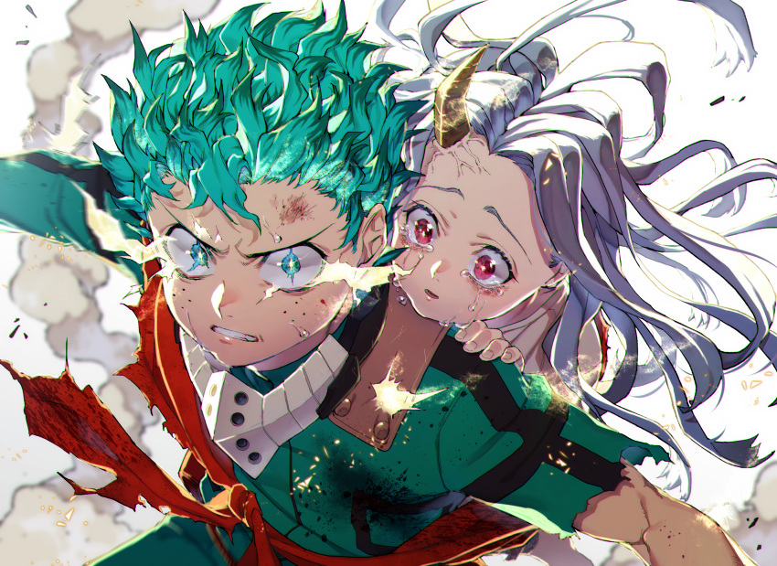 1boy absurdres behind_another bodysuit boku_no_hero_academia bruise bruise_on_face carrying commentary_request crying crying_with_eyes_open eri_(boku_no_hero_academia) eye_beam female fighting_stance floating_hair freckles green_bodysuit green_eyes green_hair highres horns injury lolicon long_hair long_sleeves looking_at_another looking_at_viewer messy_hair midoriya_izuku muyukikiyoshi11521 open_mouth piggyback red_eyes simple_background single_horn smoke standing streaming_tears superhero_costume tearing_up tears torn_clothes torn_sleeves upper_body veins white_hair wide-eyed