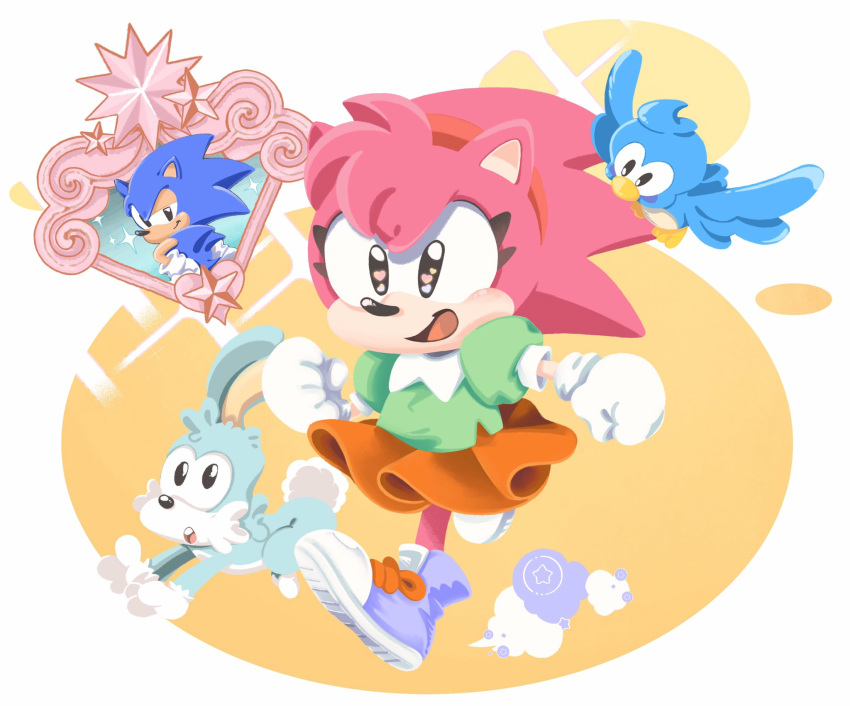 2020 ambiguous_gender amy_rose anthro avian bird black_eyes blue_body blue_feathers blue_flicky blue_fur bottomwear classic_amy_rose classic_sonic classic_sonic_(universe) clothing eulipotyphlan feathers female feral flicky flicky_(character) footwear fur gloves green_clothing green_shirt green_topwear grey_body grey_fur group handwear heart_eyes heart_symbol hedgehog hi_res lagomorph leporid looking_back male mammal mennnntaiko open_mouth open_smile orange_bottomwear orange_clothing orange_skirt pink_body pink_fur pocky_(sonic) purple_clothing purple_footwear purple_shoes rabbit running sega shirt shoes simple_background skirt smile sonic_the_hedgehog sonic_the_hedgehog_(series) topwear white_background white_body white_fur