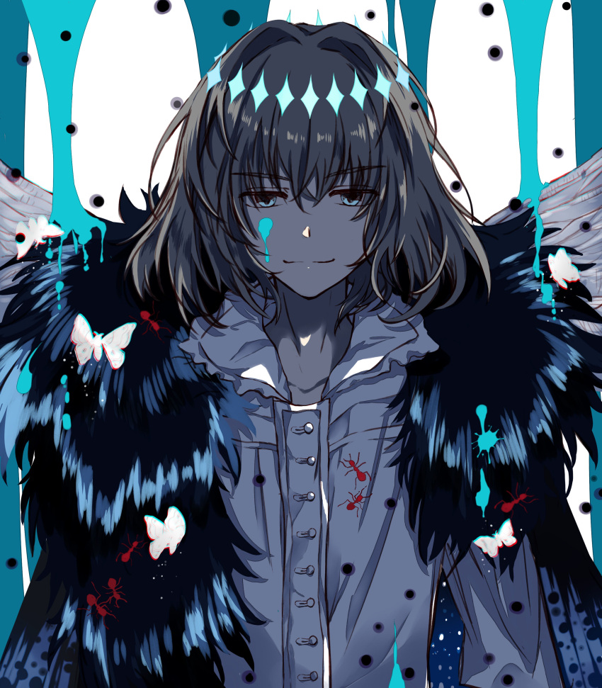 1boy absurdres ant arthropod_boy black_hair blue_eyes bug butterfly cape closed_mouth crown empty_(empty029) fate/grand_order fate_(series) fur_trim hair_intakes highres insect_wings light_smile looking_at_viewer male_focus oberon_(fate) oberon_(third_ascension)_(fate) shirt solo spoilers upper_body white_shirt wings