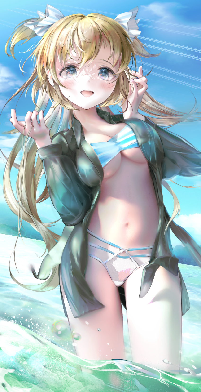 :d absurdres bikini blonde_hair blue_eyes blush breasts cleavage commission female furofuroppi hair_between_eyes hair_ribbon highres jacket legs liz_hohenstein medium_breasts midriff muv-luv muv-luv_alternative navel open_clothes open_jacket pixiv_commission ribbon schwarzesmarken smile solo standing stomach striped_bikini striped_clothes swimsuit two_side_up wading water