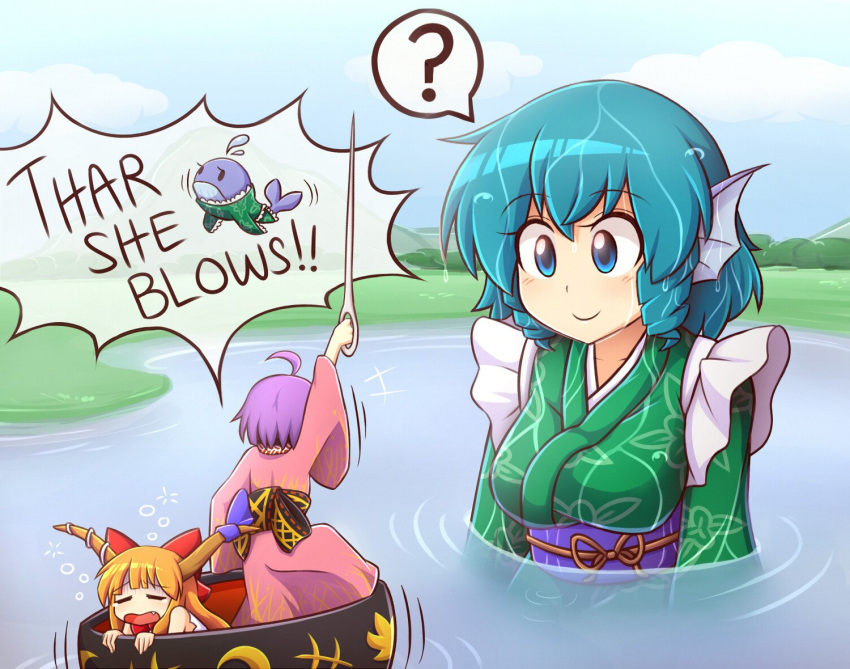 3girls ? afloat ahoge blue_eyes blue_hair blush bow bowl bowl_boat commentary drill_hair english_commentary english_text fins hairbow head_fins holding holding_needle horn_ornament horn_ribbon horns ibuki_suika japanese_clothes kimono lake long_hair mermaid mini_person minigirl moby_dick monster_girl multiple_girls needle needle_sword obi oerba_yun_fang orange_hair parody purple_hair ribbon sash seasick short_hair sick smile spoken_question_mark squeans sukuna_shinmyoumaru touhou turn_pale wakasagihime water wet whale wide_sleeves wool_(miwol)