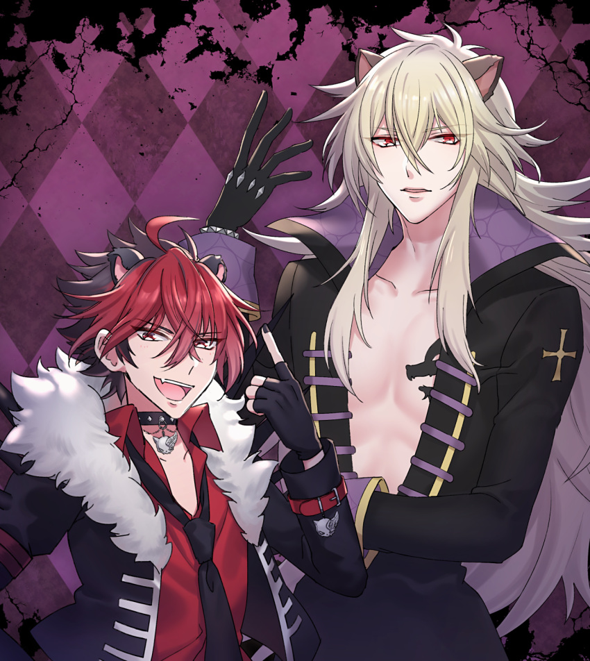 2boys aion_(show_by_rock!!) animal_ears black_hair black_jacket black_necktie blonde_hair collared_shirt crow_(show_by_rock!!) hedgehog_boy hedgehog_ears highres jacket lion_boy lion_ears long_hair long_sleeves looking_at_viewer male_focus mel6969 multicolored_hair multiple_boys necktie open_clothes open_jacket red_eyes red_hair red_shirt shirt short_hair show_by_rock!!