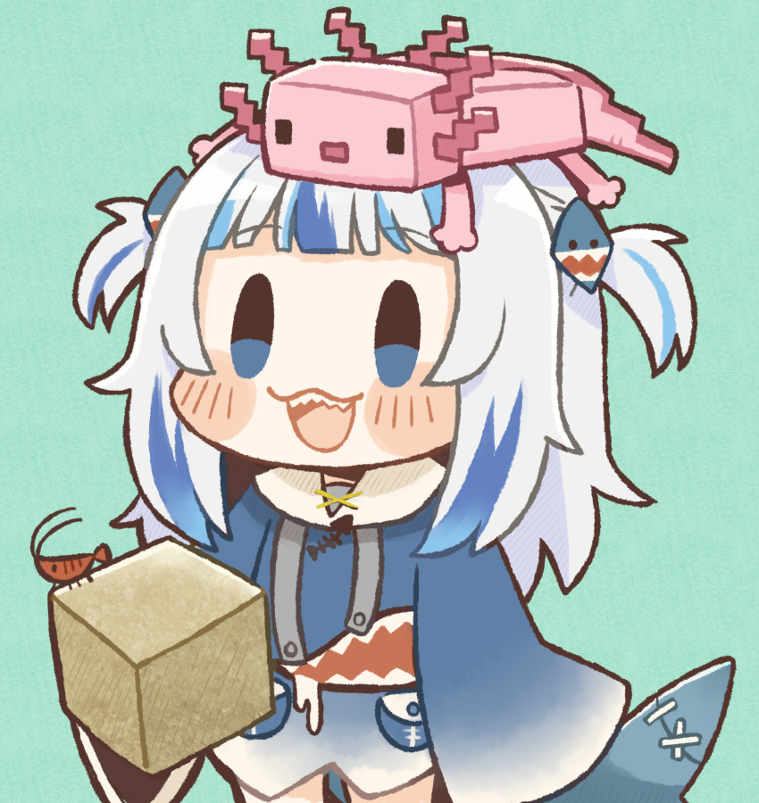 :d animal_on_head aqua_background axolotl axolotl_(minecraft) blue_eyes blue_hair blunt_bangs chibi commentary cube female fins fish_tail gawr_gura gawr_gura_(1st_costume) grey_hair hair_ornament hairclip highres hololive hololive_english long_sleeves minecraft multicolored_hair on_head open_mouth same_anko shark_girl shark_hair_ornament shark_tail sharp_teeth shrimp simple_background smile solo streaked_hair symbol-only_commentary tail teeth two-tone_hair two_side_up virtual_youtuber wide_sleeves