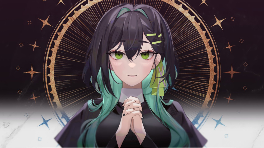 bad_id bad_twitter_id black_dress black_hair black_nails breasts colored_inner_hair dress female green_eyes green_hair hair_behind_ear highres indie_virtual_youtuber medium_breasts mira_(cevio) multicolored_hair own_hands_clasped own_hands_together parted_lips portrait saki.exe smile solo virtual_youtuber yoru_(yowuyoru)