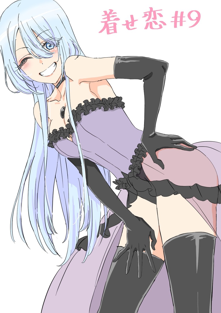 bare_shoulders black_choker black_gemstone black_gloves black_lobelia black_lobelia_(cosplay) black_thighhighs blue_eyes blue_hair breasts choker cleavage copyright_name cosplay elbow_gloves episode_number female frills gem gloves grin hand_on_own_hip hand_on_own_thigh highleg highleg_leotard highres kitagawa_marin leotard long_hair official_art one_eye_closed see-through smile sono_bisque_doll_wa_koi_wo_suru tamura_satomi thighhighs translated