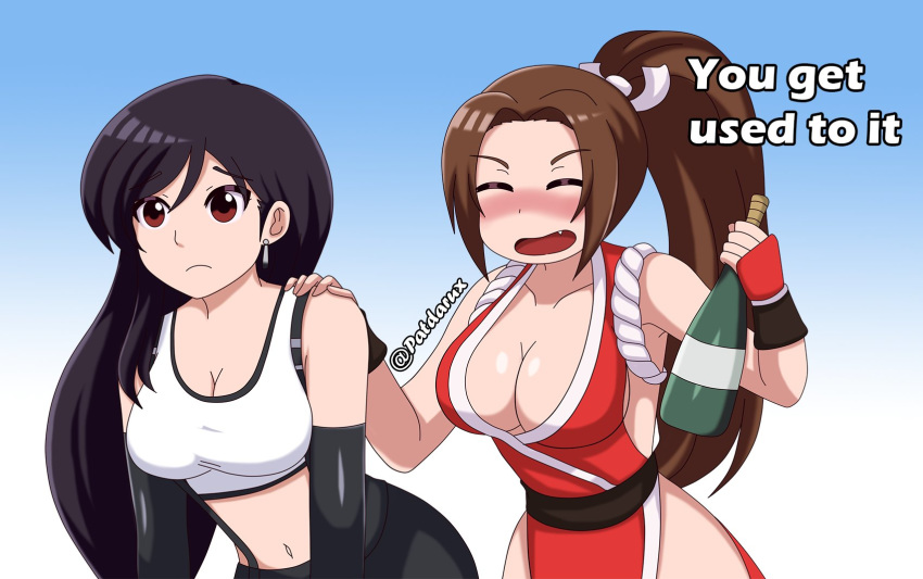 2girls :d alcohol black_hair blush bottle breasts brown_hair cleavage closed_eyes closed_mouth comforting commentary crop_top crossover drunk earrings english_commentary english_text fatal_fury final_fantasy final_fantasy_vii hand_on_another's_shoulder high_ponytail highres holding holding_bottle jewelry large_breasts long_hair midriff multiple_girls navel ninja oerba_yun_fang open_mouth patdarux pencil_skirt ponytail revealing_clothes rope sad sash shiranui_mai shirt skirt smash_is_for_good_boys_and_girls smile super_smash_bros. suspender_skirt suspenders tank_top taut_clothes taut_shirt the_king_of_fighters tifa_lockhart twitter_username white_tank_top wine_bottle