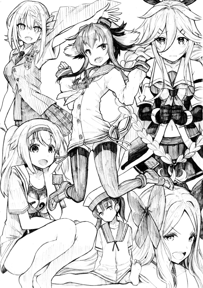 6+girls asakaze_(kancolle) barefoot bow braid breasts closed_mouth commentary_request dress elbow_gloves gloves greyscale hair_ornament hair_ribbon hairband hairbow hairclip hat highres i-26_(kancolle) japanese_clothes kantai_collection long_hair medium_breasts monochrome multicolored_hair multiple_girls neckerchief one-piece_swimsuit open_mouth panties pantyshot perth_(kancolle) plaid plaid_skirt pleated_skirt ribbon rudder_footwear sailor_collar sailor_dress school_uniform serafuku shirt short_hair_with_long_locks short_sleeves shounan_(kancolle) side_braids simple_background sitting skirt squatting sweat swimsuit thighhighs tokitsukaze_(kancolle) tsuji_kazuho twintails underwear vest yamakaze_(kancolle)