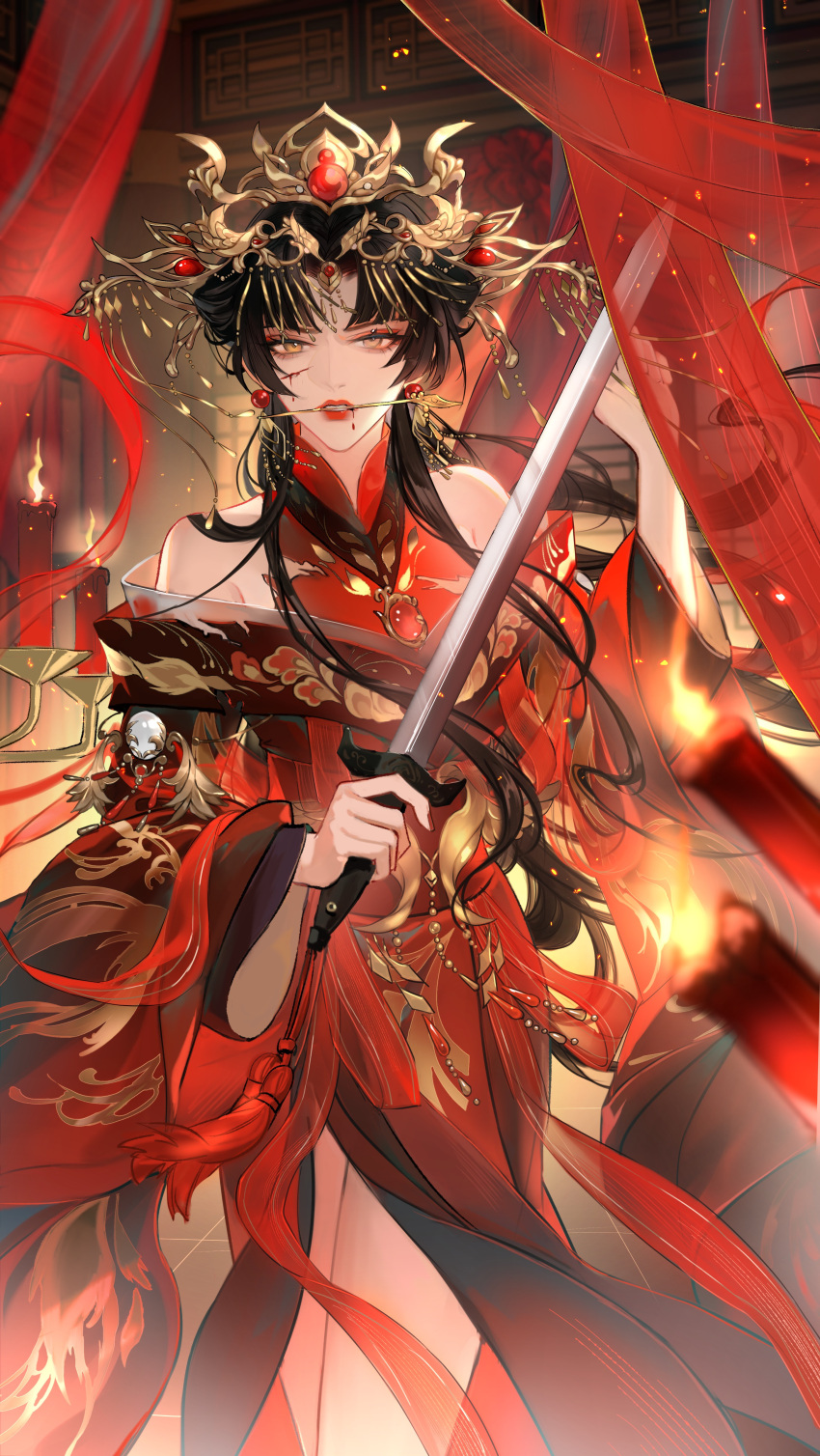 absurdres bare_shoulders black_hair blood brooch candle dress earrings female fire guaisanmu hair_ornament highres holding holding_sword holding_weapon jewelry long_hair long_sleeves off-shoulder_dress off_shoulder orange_eyes original red_dress scowl solo standing sword tassel transparent weapon wide_sleeves yellow_eyes