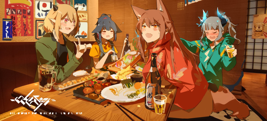 4girls alcohol alternate_costume animal_ears arknights beer beer_bottle beer_mug black_shirt blacksteel_worldwide_(arknights) blonde_hair blue_jacket blush bottle bowl cat_ears cat_girl chinese_commentary chopsticks closed_eyes commentary cup dragon_girl dragon_horns drunk elbow_on_table elbow_rest electricity food fox_ears fox_girl fox_tail franka_(arknights) green_jacket grey_hair highres hood hooded_jacket horns izakaya jacket jessica_(arknights) liskarm_(arknights) long_hair long_sleeves mug multiple_girls oerba_yun_fang open_mouth orange_eyes originium_arts_(arknights) plate ponytail poster_(object) red_shirt restaurant sake_bottle shinnasuka025 shirt short_hair skin_fang sushi sweat tail vanilla_(arknights) yellow_shirt