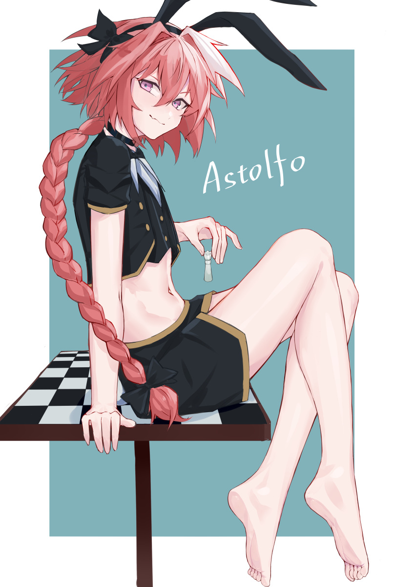 1boy absurdres astolfo_(fate) axescr barefoot bow braid braided_ponytail character_name chinese_commentary commentary crop_top crossdressing fate/grand_order fate_(series) feet full_body hair_between_eyes hairbow highres legs long_hair looking_at_viewer male_focus midriff multicolored_hair otoko_no_ko pink_hair purple_eyes sitting skirt smile soles solo streaked_hair toes two-tone_hair white_hair