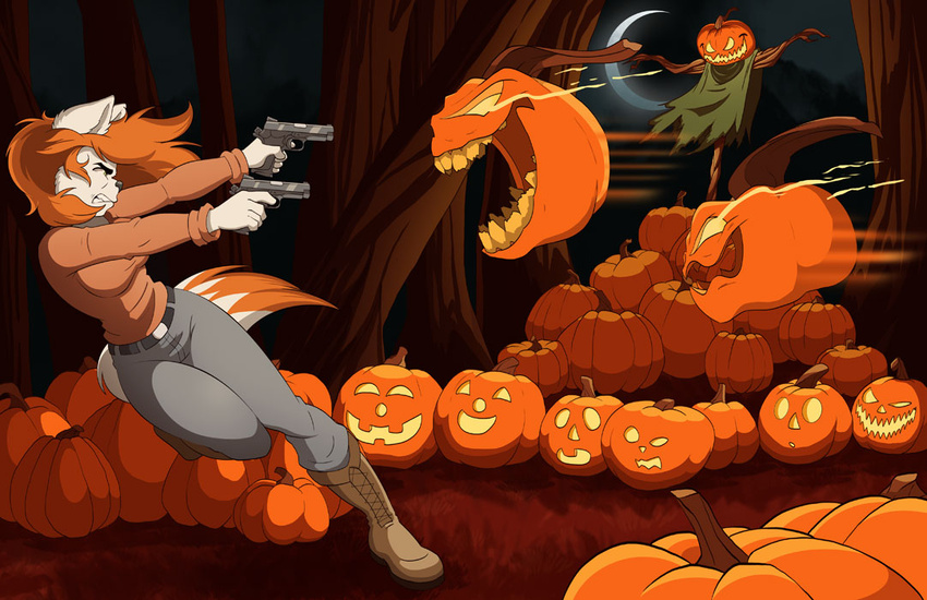 anthro breasts canid canine canis clothed clothing code_name:_hunter dipstick_tail domestic_dog evonallure female fur group gun hair halloween holding_gun holding_object holding_ranged_weapon holding_weapon holidays jack-o'-lantern mammal markings multicolored_tail open_mouth orange_hair orange_tail_tip ranged_weapon ruby_pyrenees tail tail_markings weapon white_body white_fur