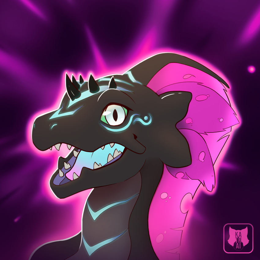 1:1 anthro black_body dahiras female glowing glowing_markings grey_teeth hi_res horn kathai lizard markings multicolored_tongue pink_fins reptile scalie simple_background solo tattered_fins teeth tongue white_eyes