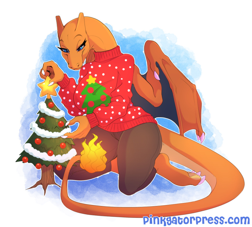 2020 anthro blue_eyes bottomwear breasts chari-gal charizard christmas christmas_tree claws clothed clothing digital_media_(artwork) female fire flaming_tail fully_clothed generation_1_pokemon holidays macro nintendo pants plant pokemon pokemon_(species) seamen shaded solo sweater tail text toe_claws topwear tree url wings