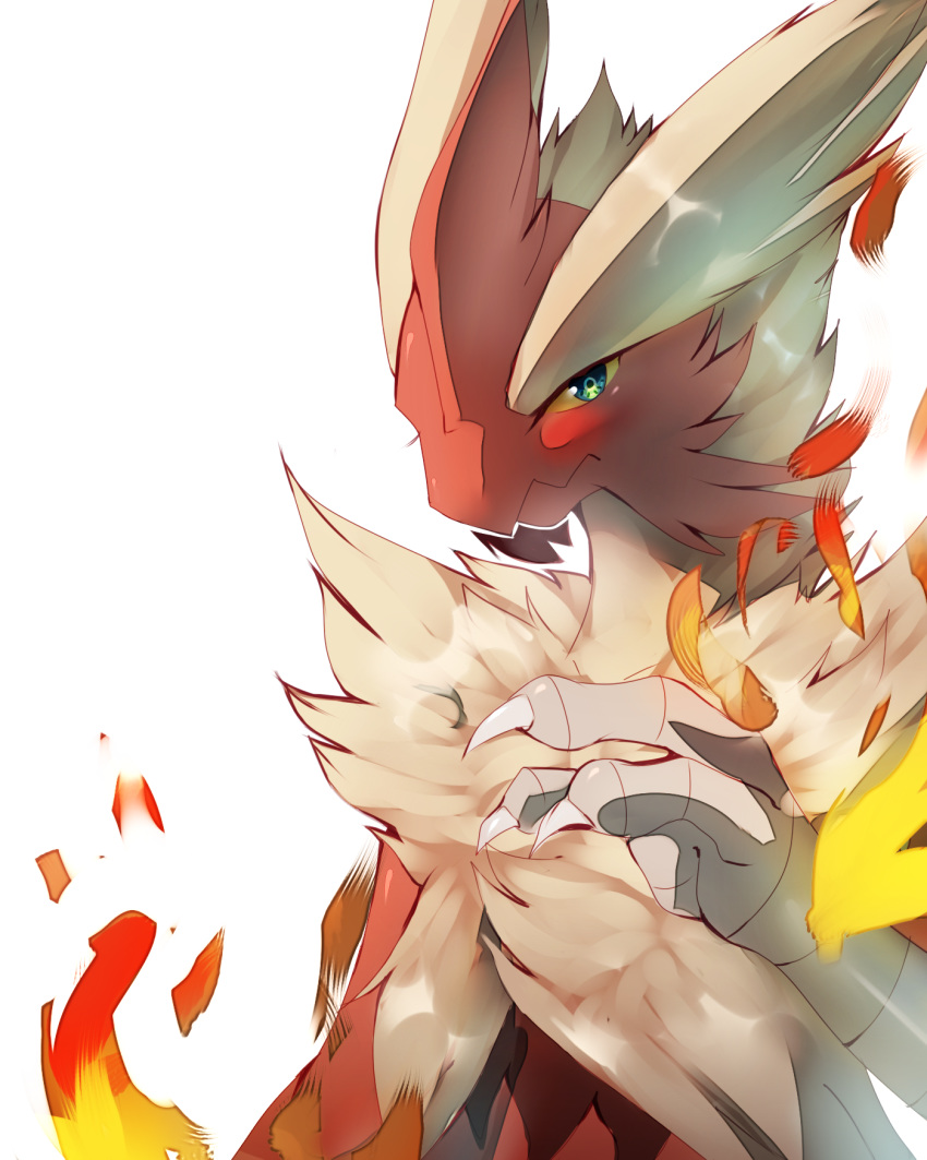 4:5 anthro avian beak bird black_body black_fur blue_eyes claws fire fur generation_6_pokemon hair hi_res horn looking_at_viewer male mega_blaziken mega_evolution multicolored_body nintendo pokemon pokemon_(species) red_body red_fur simple_background solo white_background white_body white_fur white_hair zuekrz