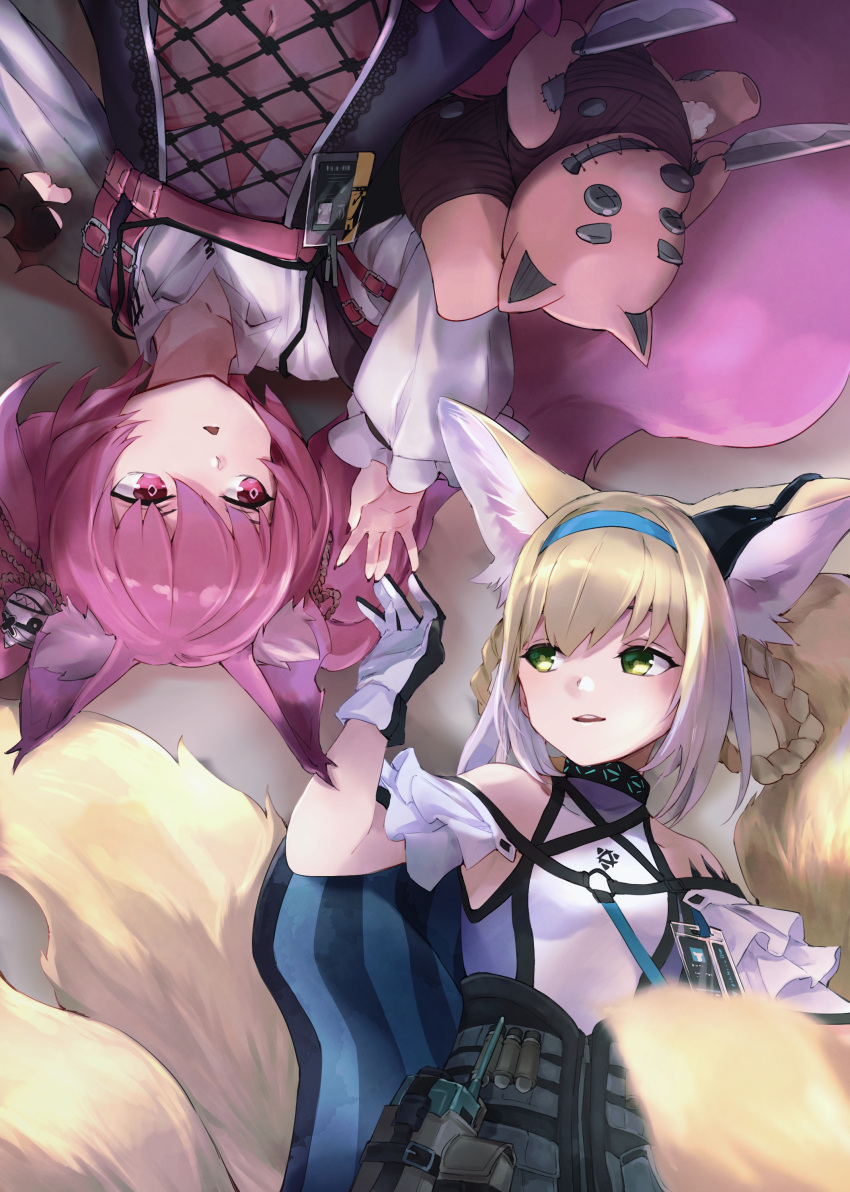 2girls absurdres animal_ear_fluff animal_ears arknights bare_shoulders black_dress blonde_hair blue_hairband braid braided_hair_rings breasts collarbone collared_shirt commentary_request covered_collarbone dress dress_shirt e-bushi fox_ears fox_girl fox_tail gloves green_eyes hair_rings hairband highres infection_monitor_(arknights) kitsune knife long_sleeves lying material_growth morte_(arknights) multicolored_hair multiple_girls navel on_back oripathy_lesion_(arknights) parted_lips puffy_long_sleeves puffy_sleeves purple_eyes purple_hair shamare_(arknights) shirt small_breasts stuffed_animal stuffed_dog stuffed_toy suzuran_(arknights) tail teeth twin_braids twintails two-tone_hair upper_teeth_only white_gloves white_hair white_shirt