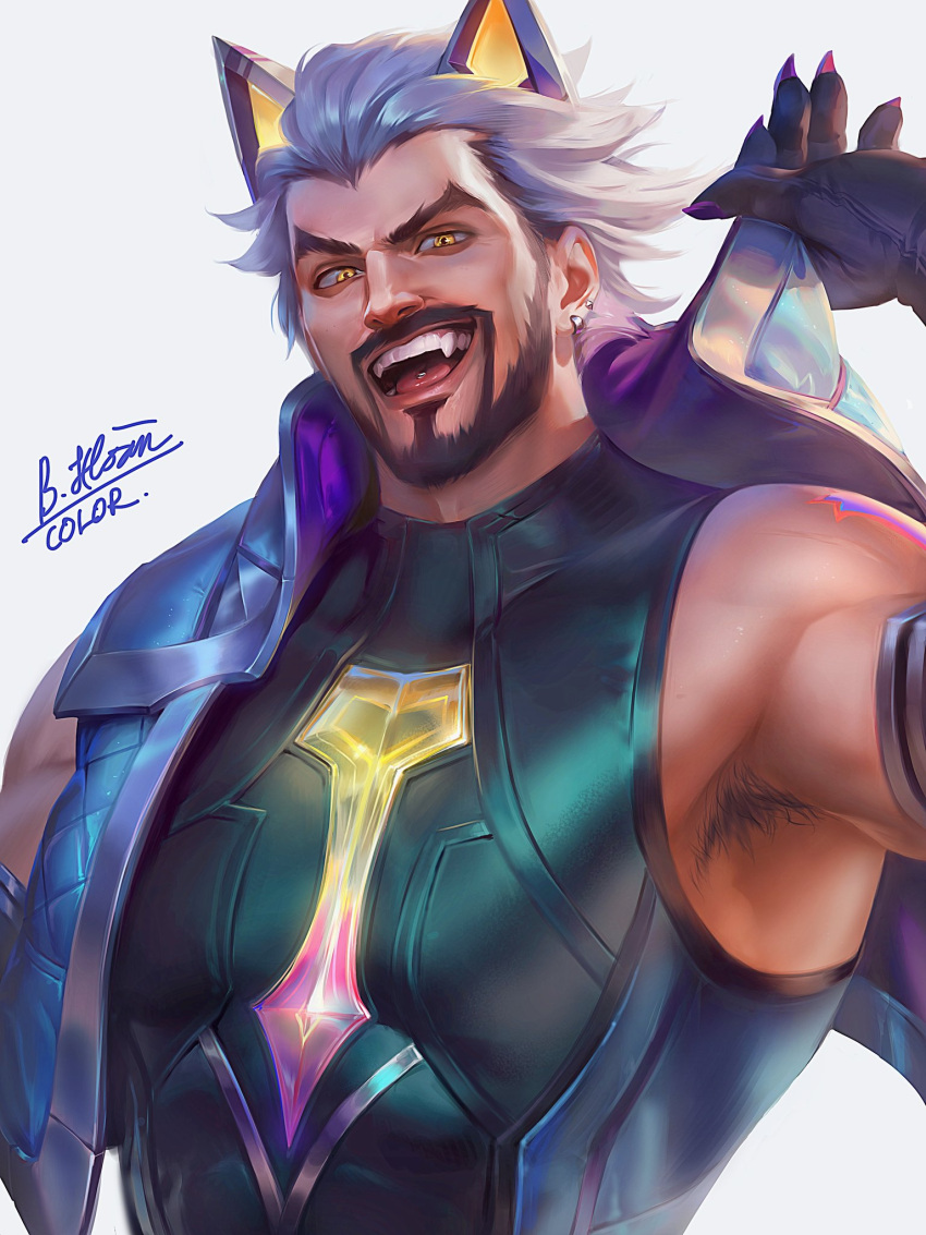 1boy animal_ears armpit_hair armpits artist_name bara battle_wolf_sylas beard bich_hoan ear_piercing earrings facial_hair fangs gloves highres jacket jewelry league_of_legends looking_at_viewer male_focus manly muscular muscular_male pectorals piercing smile sylas_(league_of_legends) tattoo tight_clothes tongue_piercing white_hair wolf_ears yellow_eyes