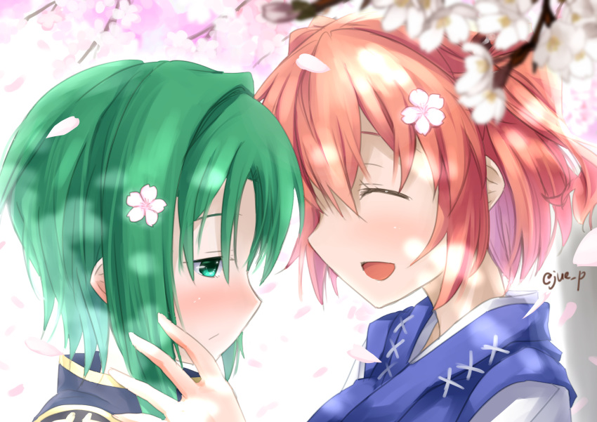 2girls absurdres blush cherry_blossoms closed_eyes commentary_request face-to-face from_side green_eyes green_hair highres multiple_girls no_headwear onozuka_komachi open_mouth petals profile red_hair shiki_eiki short_hair smile touhou twitter_username yuri yuuki_eishi