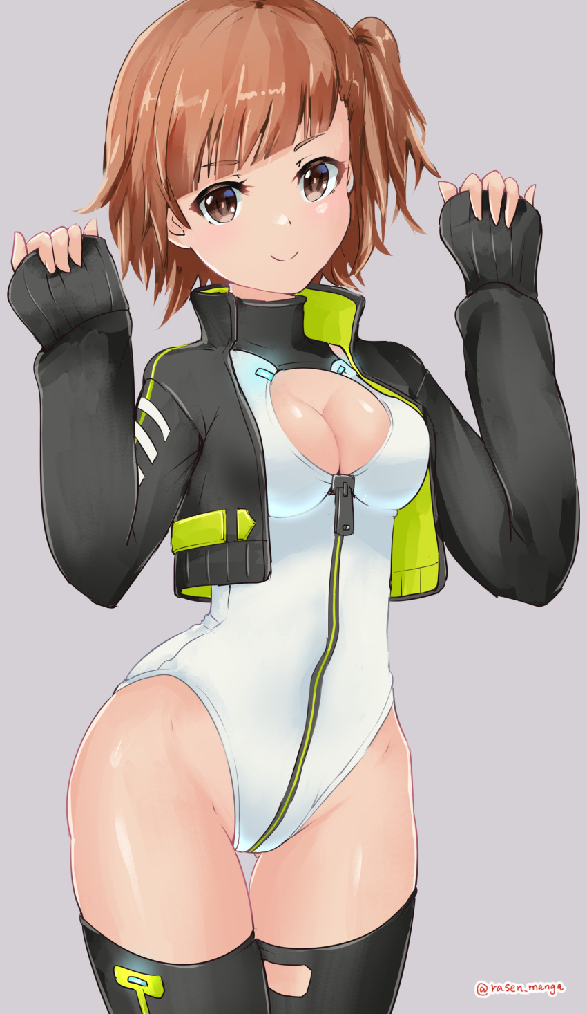 absurdres alice_gear_aegis black_jacket black_thighhighs booth_babe breasts brown_eyes brown_hair cleavage cleavage_cutout clothing_cutout commentary_request companion/af cowboy_shot female front_zipper full-length_zipper highleg highleg_leotard highres jacket kasugaoka_moe leotard looking_at_viewer medium_breasts open_clothes open_jacket race_queen rasen_manga short_hair side_ponytail sleeves_past_wrists solo standing thighhighs thighs turtleneck turtleneck_leotard white_leotard zipper zipper_leotard zipper_pull_tab