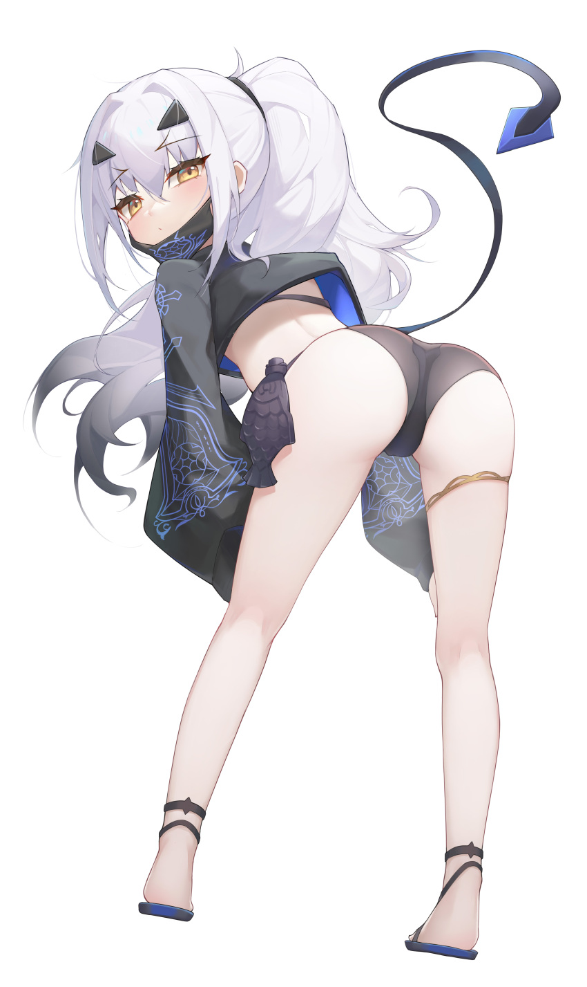 absurdres ass bent_over bikini black_bikini black_jacket breasts cropped_jacket dragon_wings fate/grand_order fate_(series) female fish_bottle forked_eyebrows full_body high_ponytail highres hongshi_(13234456009) jacket long_hair long_sleeves looking_at_viewer looking_back mask mask_pull melusine_(fate) melusine_(swimsuit_ruler)_(fate) melusine_(swimsuit_ruler)_(first_ascension)_(fate) mouth_mask sandals shrug_(clothing) sidelocks small_breasts solo swimsuit tail thighlet white_hair wings yellow_eyes