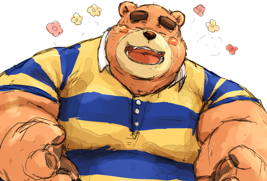 2020 animal_crossing anthro bear blush brown_body brown_fur closed_eyes clothing fur hi_res humanoid_hands kemono kotobuki male mammal nintendo overweight overweight_anthro overweight_male shirt simple_background solo teddy_(animal_crossing) topwear white_background