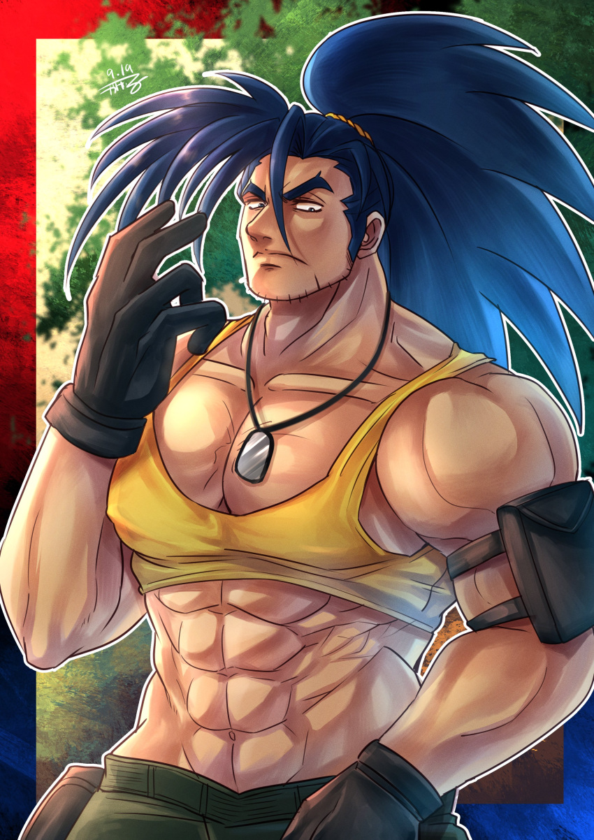 1boy abs absurdres armlet bara bare_shoulders black_gloves border closed_mouth collarbone commentary_request cosplay dated dog_tags facial_hair gloves gradient_border hair_between_eyes hand_up haoumaru highres kageru_(mofnyan) large_pectorals leona_heidern leona_heidern_(cosplay) looking_at_viewer male_focus midriff muscular muscular_male outline outside_border pectoral_cleavage pectorals ponytail pouch samurai_spirits signature solo spiked_hair stubble tank_top the_king_of_fighters white_outline yellow_tank_top