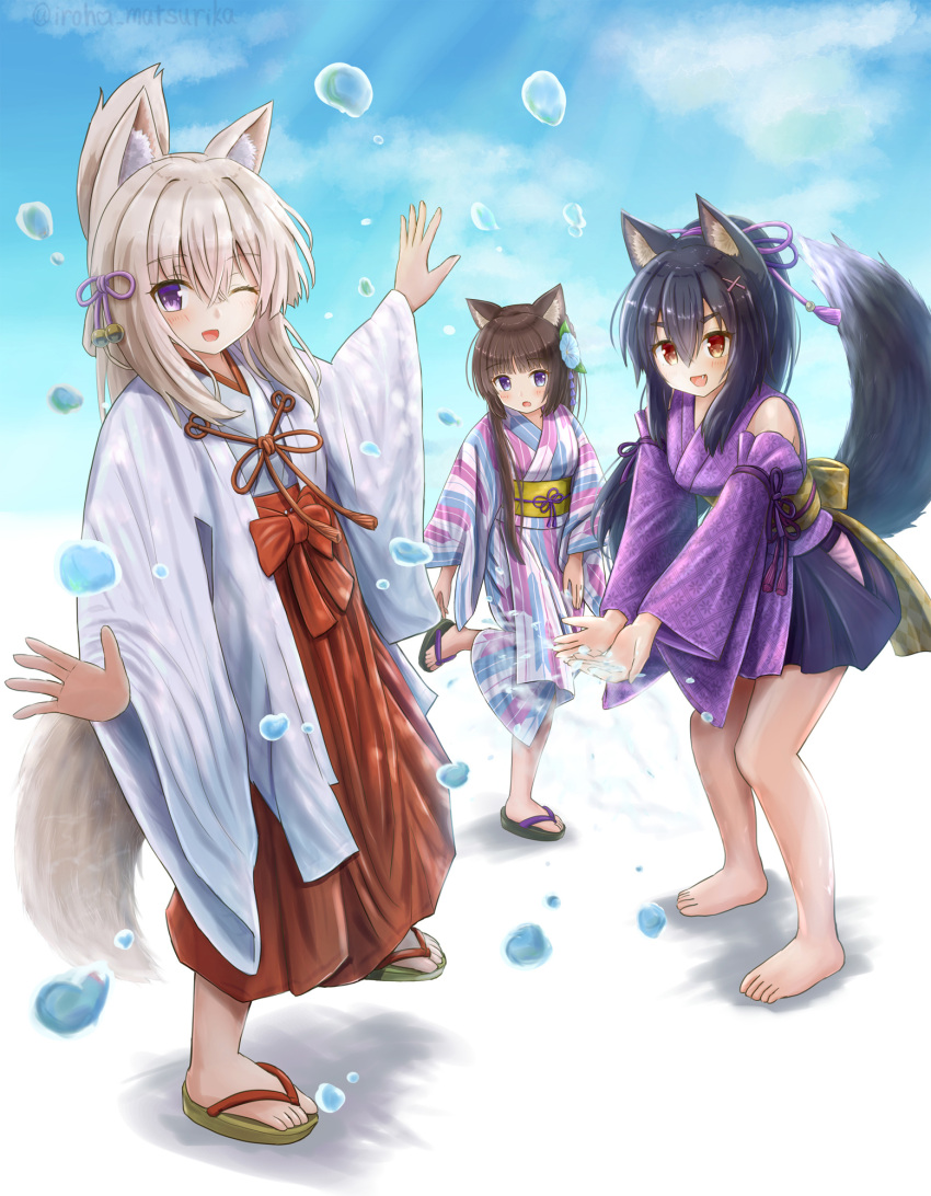 3girls :d ;d animal_ears barefoot black_footwear black_hair black_hakama blue_sky blush brown_eyes brown_footwear brown_hair cat_ears cloud commentary_request day folded_ponytail fox_ears fox_girl fox_tail hair_between_eyes hair_ornament hairclip hakama hakama_short_skirt hakama_skirt highres iroha_(iroha_matsurika) japanese_clothes kimono koyoi_(iroha_(iroha_matsurika)) kunoichi-chan_(iroha_(iroha_matsurika)) light_brown_hair long_hair looking_at_viewer miko multiple_girls mutsuki_(iroha_(iroha_matsurika)) obi oerba_yun_fang one_eye_closed open_mouth original outdoors purple_eyes purple_kimono red_hakama sandals sash skirt sky smile splashing standing standing_on_one_leg tail very_long_hair water_drop white_kimono wolf_ears wolf_girl wolf_tail x_hair_ornament yagasuri zouri