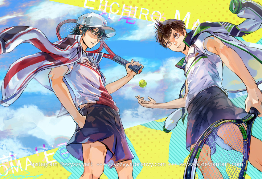 2boys baby_steps ball baseball_cap black_hair brown_eyes brown_hair character_name closed_mouth cloud cloudy_sky collared_shirt commentary cowboy_shot crossover day deviantart_username echizen_ryooma english_commentary from_below green_eyes hair_between_eyes hand_in_pocket hat highres holding holding_racket instagram_username jacket jacket_on_shoulders male_focus maruo_eiichirou multicolored_background multiple_boys outdoors parted_lips photoshop_(medium) purple_shorts racket shirt short_hair short_sleeves shorts signature sky smile sportswear standing tennis_ball tennis_no_ouji-sama tennis_racket tennis_uniform trait_connection watermark web_address white_headwear white_shirt zzyzzyy