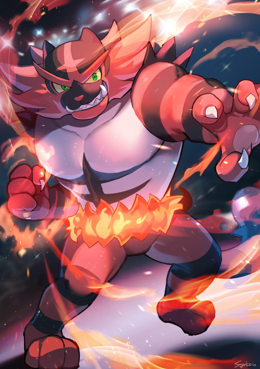 1other absurdres claws clenched_hand collarbone colored_sclera commentary_request fire green_eyes highres incineroar pectorals pokemon pokemon_(creature) sharp_teeth shukou_akanaru_(trabel) smile solo standing teeth yellow_sclera