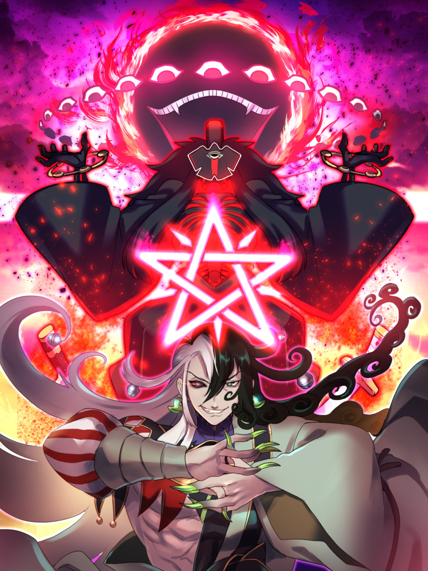 1boy akimitsu-dono arms_up ashiya_douman_(fate) bell black_hair commentary_request extra_eyes fangs fate/grand_order fate_(series) fingernails green_eyes hair_bell hair_between_eyes hair_ornament highres long_fingernails long_hair long_sleeves male_focus matsumoto_tomoyohi mismatched_sclera multicolored_hair muscular muscular_male noble_phantasm_(fate) onmyouji open_mouth pentagram red_eyes shikigami smile solo split-color_hair white_hair wide_sleeves