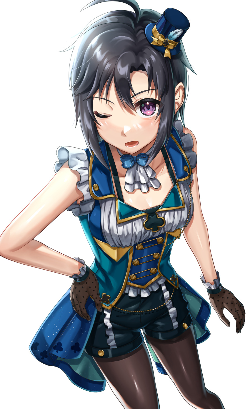 3810tannpopo absurdres ahoge ascot black_hair black_shorts blue_bow blue_bowtie blue_hat bow bowtie breasts brown_gloves brown_legwear choker clever_clover_(idolmaster) club_(shape) collarbone female gloves hand_on_own_hip hat hat_ribbon highres idolmaster idolmaster_(classic) kikuchi_makoto medium_hair mini_hat one_eye_closed open_mouth pantyhose_under_shorts polka_dot_gloves purple_eyes ribbon shiny_clothes shiny_legwear short_shorts shorts simple_background sleeveless small_breasts solo standing white_ascot white_background white_choker yellow_ribbon