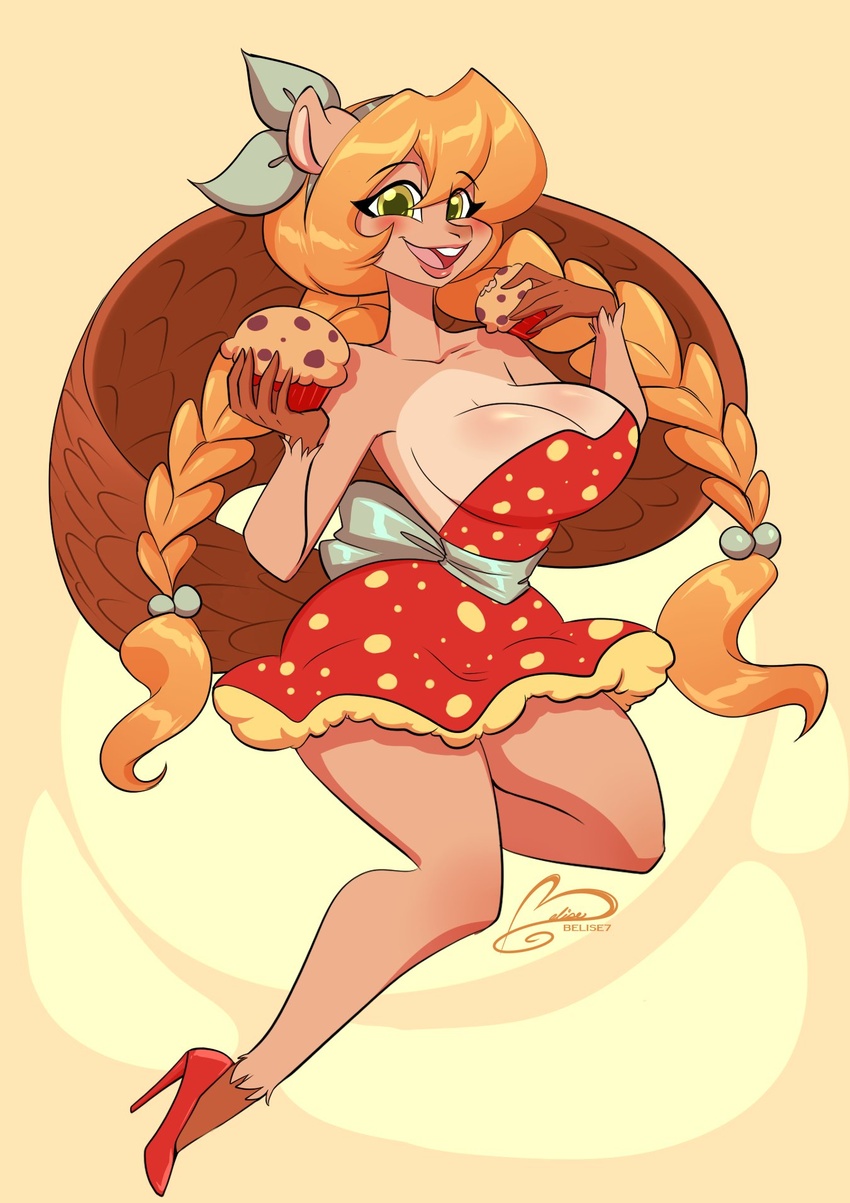 anthro beaver braided_hair breasts cleavage clothed clothing dress female fio_(avencri) food footwear hair hi_res high_heels lips mammal muffin ooo-belise-ooo rodent solo