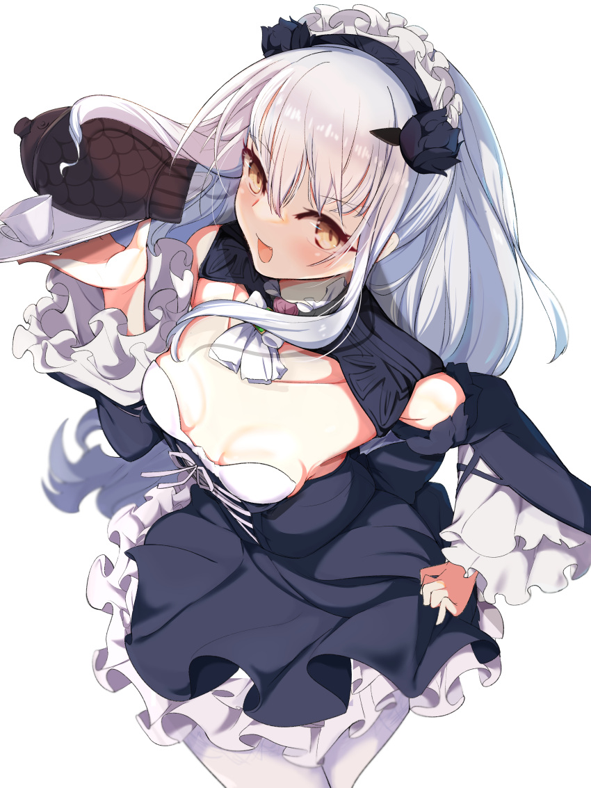 absurdres alternate_costume ascot black_dress breasts brown_eyes cleavage_cutout clothing_cutout cup dress enmaided fate/grand_order fate_(series) female flower forked_eyebrows hair_flower hair_ornament highres kawa_mura long_hair long_sleeves looking_at_viewer maid maid_headdress melusine_(fate) open_mouth pantyhose sidelocks small_breasts smile solo teacup thighs tray white_hair white_pantyhose