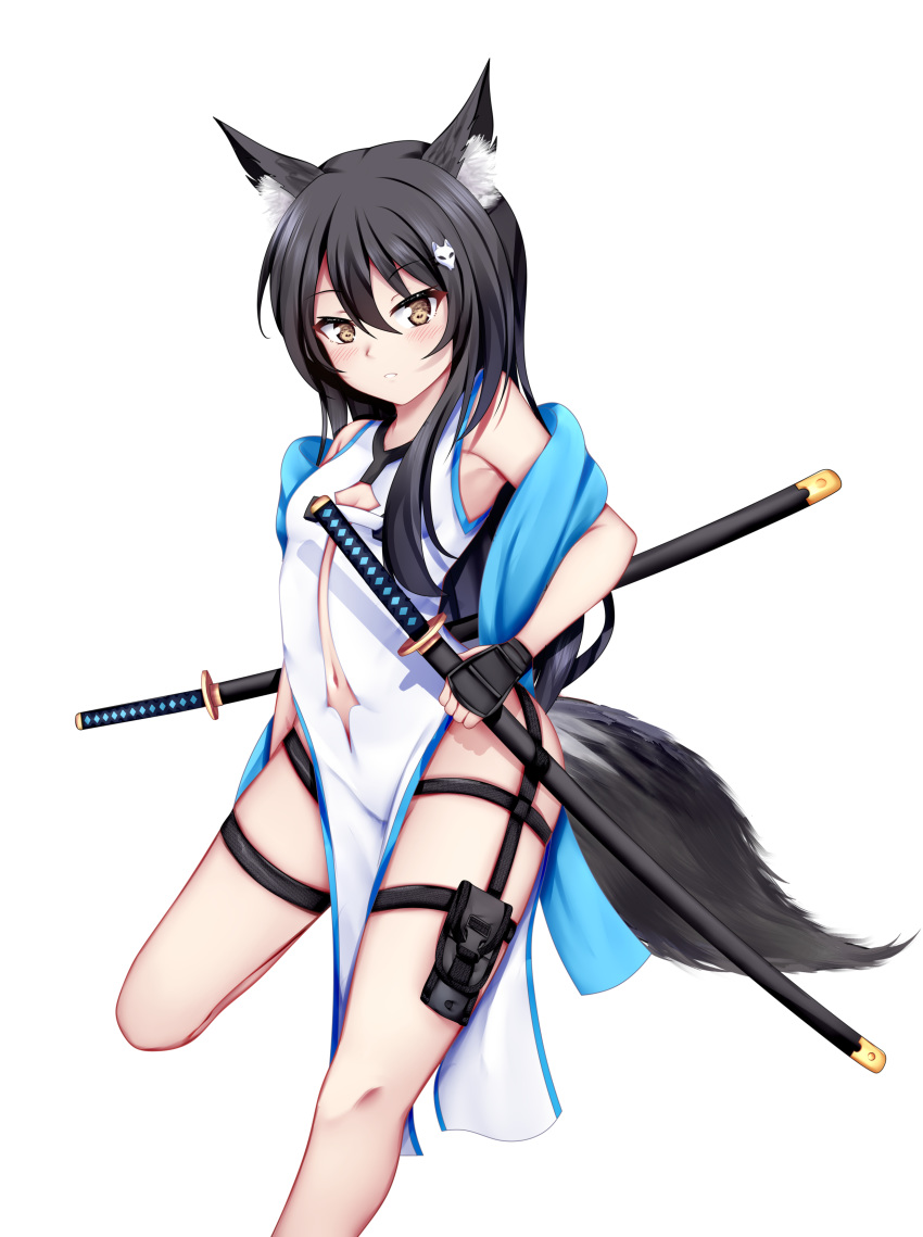 absurdres animal_ear_fluff animal_ears arm_guards bare_shoulders black_hair blush breasts brown_eyes china_dress chinese_clothes chrisandita cleavage cleavage_cutout clothing_cutout commentary dress female fox_ears fox_girl fox_hair_ornament fox_tail hair_between_eyes hair_ornament highres katana long_hair looking_at_viewer original parted_lips pelvic_curtain shawl sheath sheathed simple_background sleeveless sleeveless_dress small_breasts solo standing standing_on_one_leg sword tail very_long_hair weapon white_background white_dress