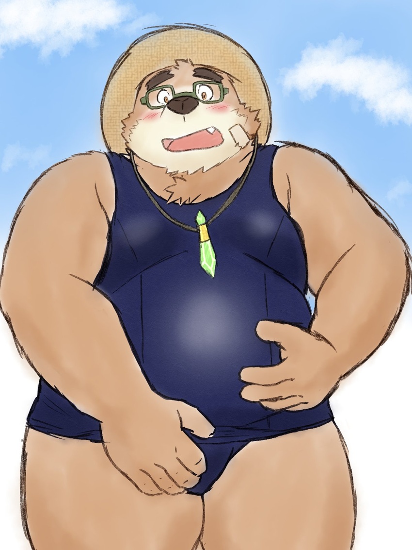 2020 3:4 anthro bear belly blush brown_body brown_fur clothing cute_fangs eyewear fur glasses hat headgear headwear hi_res humanoid_hands kemono lifewonders male mammal one-piece_swimsuit overweight overweight_anthro overweight_male school_swimsuit solo straw_hat swimwear tokyo_afterschool_summoners volos_(tas) yaki_atsuage