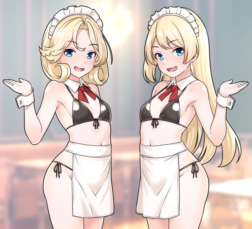 2girls alternate_costume apron bikini black_bikini blonde_hair blue_eyes breasts detached_collar enmaided furaggu_(frag_0416) highres janus_(kancolle) jervis_(kancolle) kantai_collection long_hair looking_at_viewer maid maid_apron maid_bikini maid_headdress multiple_girls navel short_hair side-tie_bikini_bottom small_breasts standing swimsuit unconventional_maid very_long_hair waist_apron white_apron white_wrist_cuffs wrist_cuffs