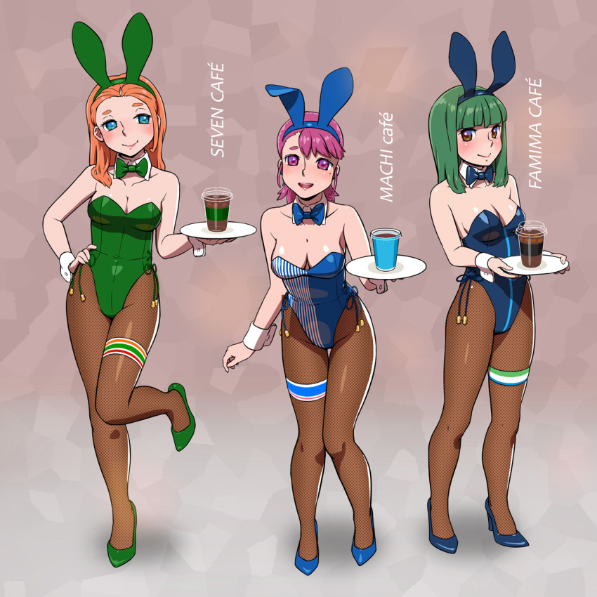 3girls 7-eleven animal_ears blue_bow blue_bowtie blue_eyes blue_leotard bow bowtie breasts brown_pantyhose cleavage commentary_request convenience_store detached_collar fake_animal_ears familymart fishnet_pantyhose fishnets fukusuke_hachi-gou full_body glass green_bow green_bowtie green_hair green_leotard highres iced_coffee lawson leotard long_hair medium_breasts medium_hair multiple_girls orange_hair original pantyhose playboy_bunny purple_eyes purple_hair rabbit_ears shop short_hair side-tie_leotard standing strapless strapless_leotard striped_clothes striped_leotard thigh_strap tray wrist_cuffs