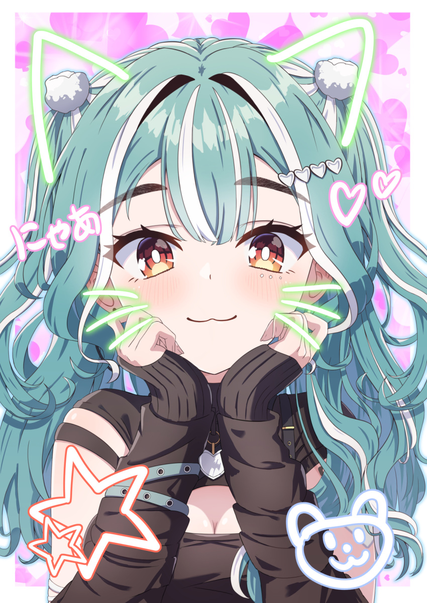 :3 black_shirt black_sleeves blush border breasts cleavage cleavage_cutout closed_mouth clothing_cutout commentary_request detached_sleeves drawn_ears drawn_whiskers female green_hair grey_background hair_between_eyes hair_intakes hair_ornament hands_up heart heart_background heart_hair_ornament highres long_hair long_sleeves looking_at_viewer medium_breasts multicolored_hair red_eyes shiranami_ramune shirt sleeves_past_wrists smile solo star_(symbol) streaked_hair synn032 thick_eyebrows upper_body virtual_youtuber vspo! white_border white_hair