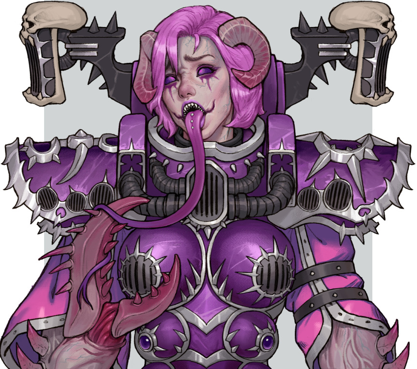 adepta_sororitas armor boobplate colored_sclera crab_claw female highres long_tongue open_mouth pauldrons piercing pink_eyes pink_hair purple_sclera sharp_teeth short_hair shoulder_armor skull_ornament solo spiked_arm spiked_armor spikes teeth tongue tongue_piercing upper_body veins veiny_arms very_long_tongue warhammer_40k yangzheyy