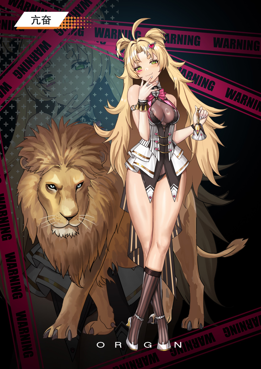 absurdres ahoge animal bare_shoulders bell black_pantyhose blonde_hair bow bowtie breasts chinese_commentary cleavage closed_mouth crossed_legs dress female full_body green_eyes highres holding holding_bell lion liutiao long_hair looking_at_viewer original panties pantyhose pink_bow pink_bowtie sleeveless standing underwear zoom_layer