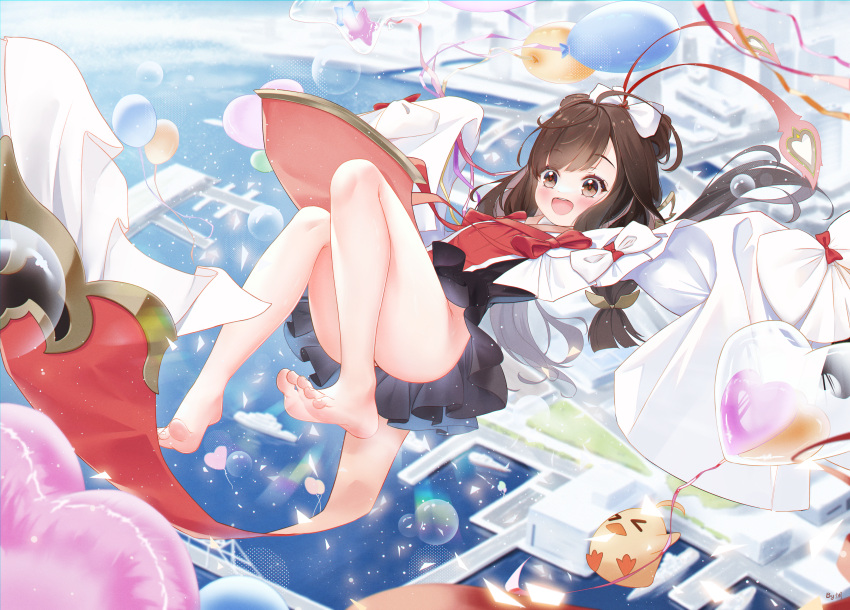 absurdres azur_lane balloon bare_legs barefoot bent_back black_dress blush brown_hair bubble chou_(1092086648) commentary_request convenient_leg day dress exhibitionism female full_body green_eyes hair_over_one_eye happy highres knees_together_feet_apart knees_up legs long_hair looking_at_viewer looking_down midair no_panties outdoors public_indecency solo twintails upskirt very_long_hair very_long_sleeves wide_sleeves zuihou_(azur_lane) zuihou_(joy_comes_on_fledgling_wings)_(azur_lane)