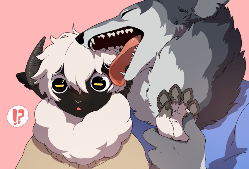 2boys black_eyes blonde_hair blush body_fur claws commentary_request furry furry_male grey_fur horizontal_pupils horns licking licking_another's_face looking_at_viewer male_focus multiple_boys neck_fur neko_gokoro original pink_background sheep_boy sheep_horns short_hair simple_background sweater upper_body wolf_boy yaoi