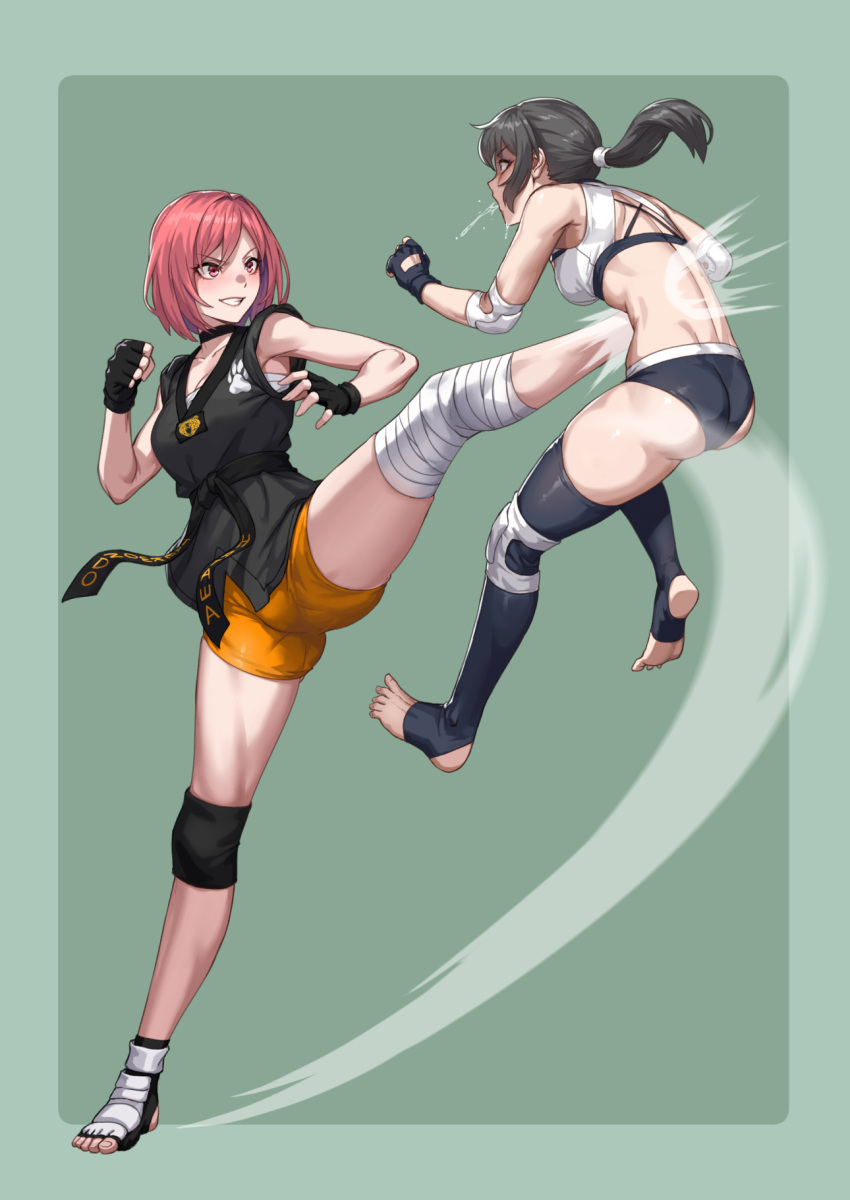 catfight guro highres kicking martial_arts original punching ryona saliva stomach_punch taekwondo yan_(situyan0303)